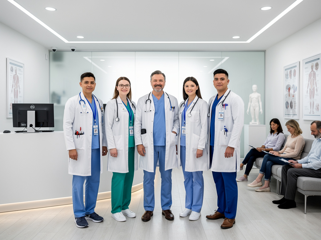 Equipo de médicos con batas blancas en una clínica moderna con pacientes en sala de espera