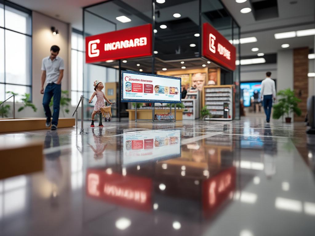 Centro comercial moderno con carteles luminosos y personas caminando, incluyendo un niño y adulto.