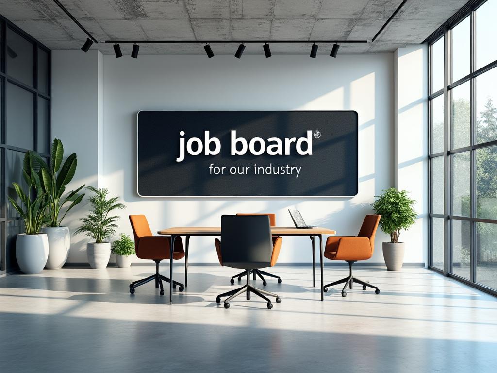 Modern office interior with a job board sign, orange chairs, and indoor plants in a sunlit room.