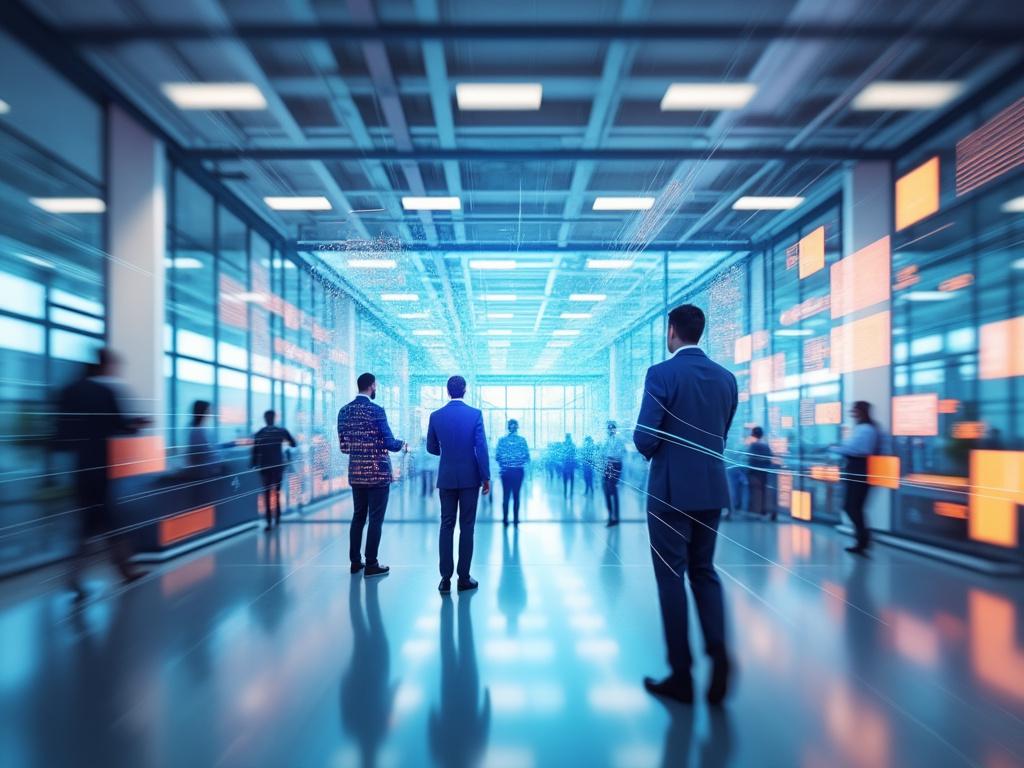 Personas caminando en un moderno pasillo de oficina con paredes de cristal y gráficos digitales en movimiento.