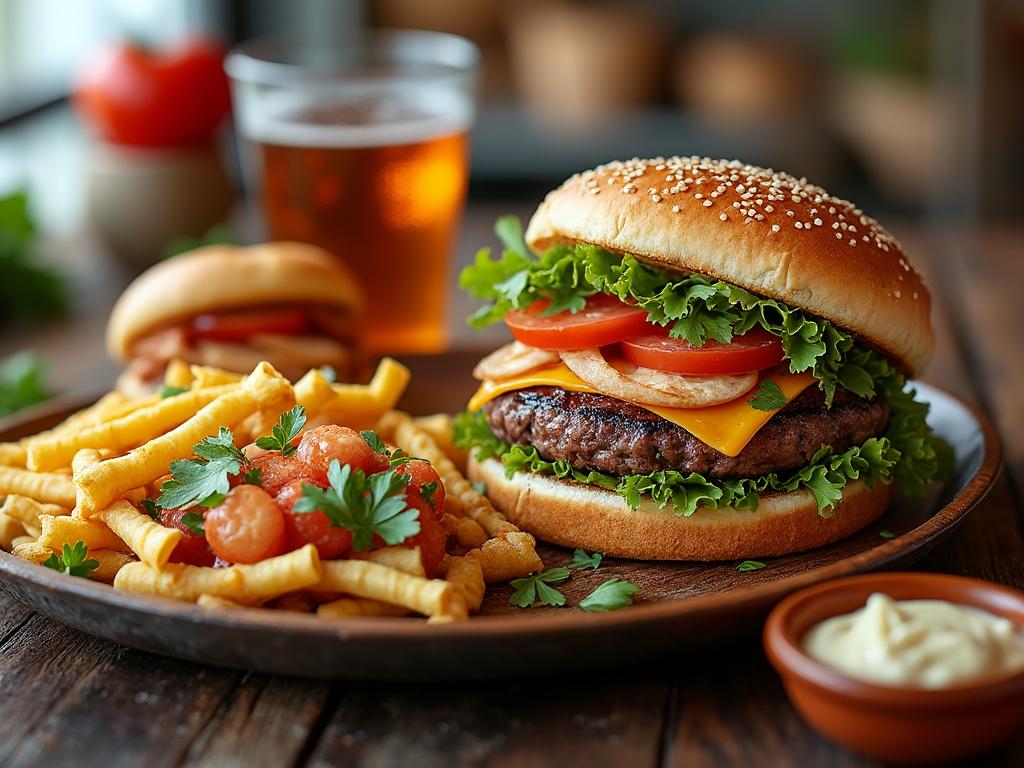 Juicy cheeseburger with lettuce, tomato, and onion on a sesame bun, served with crispy fries and a side of dip, with a glass of beer in the background.