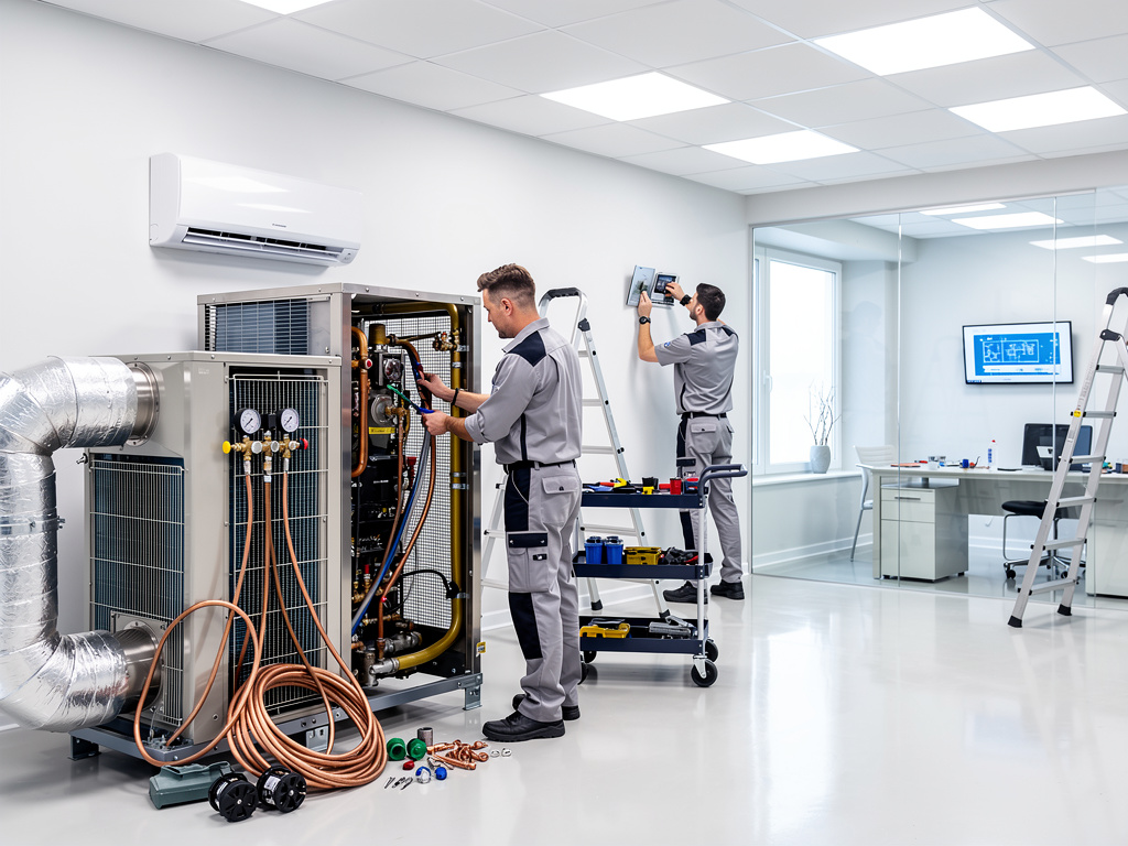 Técnicos instalando y reparando sistema de aire acondicionado HVAC en oficina moderna Técnicos instalando y reparando sistema de aire acondicionado HVAC en oficina moderna