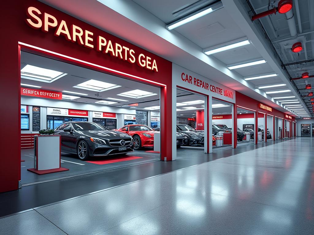 Interior de un taller de reparación de automóviles con coches deportivos en los compartimentos, señales de repuestos y reparación, diseño moderno y luces brillantes.