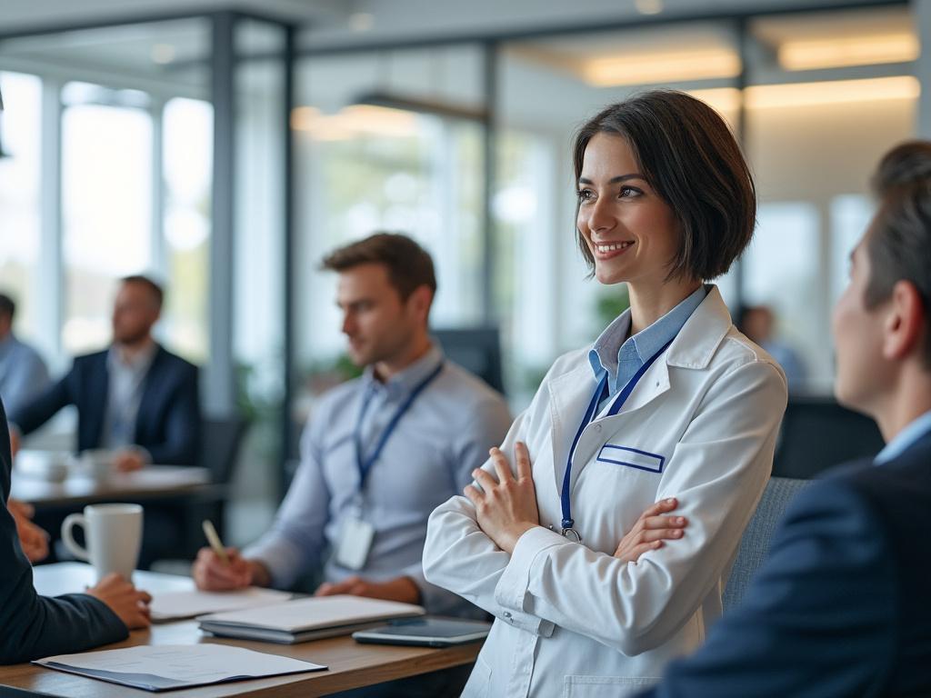 Mujer sonriente con bata blanca en reunión de oficina, rodeada de colegas, ambiente profesional