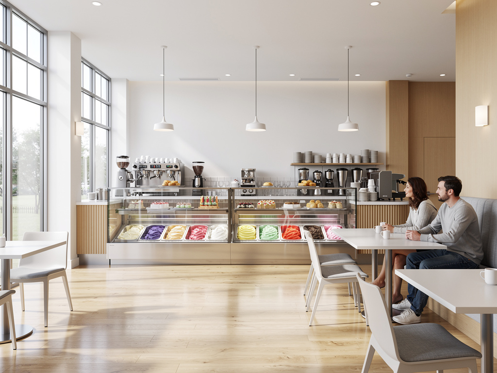 Cafetería moderna luminosa con vitrina de helados artesanales, café y clientes sentados en mesa
