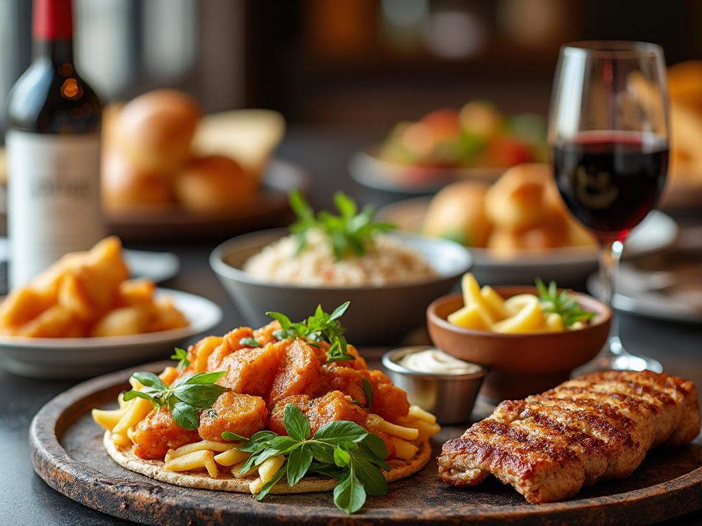 Plato de pollo empanizado y carne asada con papas, acompañado de una copa de vino tinto y pan en un restaurante elegante.