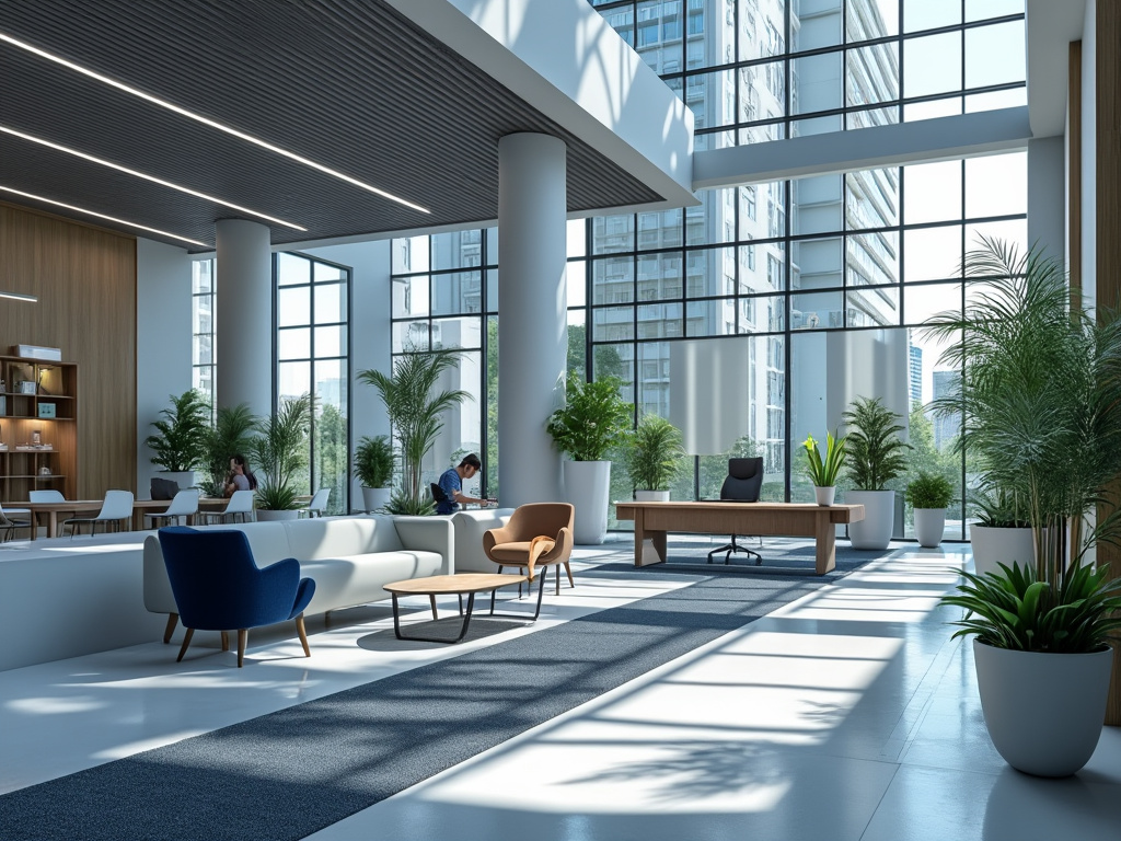 Modern office space with large windows, indoor plants, and stylish furniture in a bright and open environment.