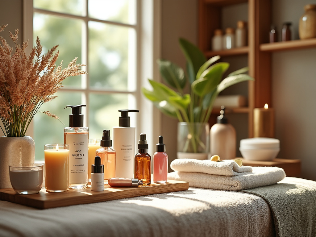 Productos de cuidado personal sobre una mesa de spa con toallas, velas y plantas decorativas en un ambiente acogedor y luminoso.