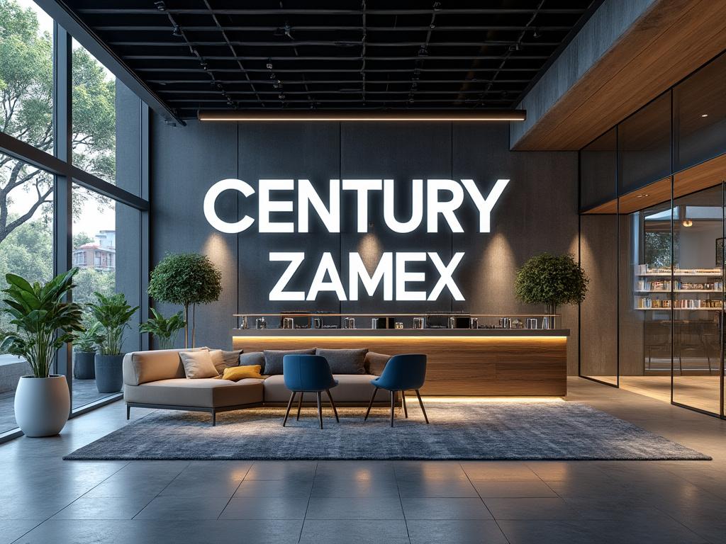 Recepción moderna de oficina con letrero luminoso 'Century Zamex', sofá beige, sillas azules y plantas decorativas.