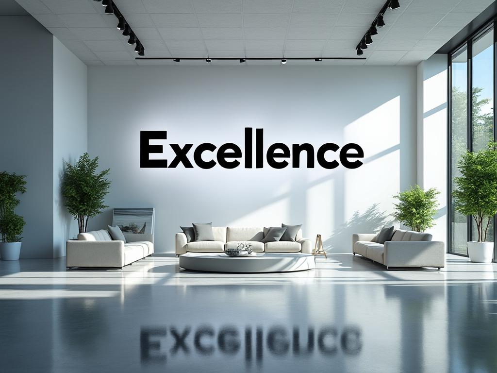 Sala de estar moderna con sofás blancos y la palabra 'Excellence' en la pared, rodeada de plantas y luz natural.