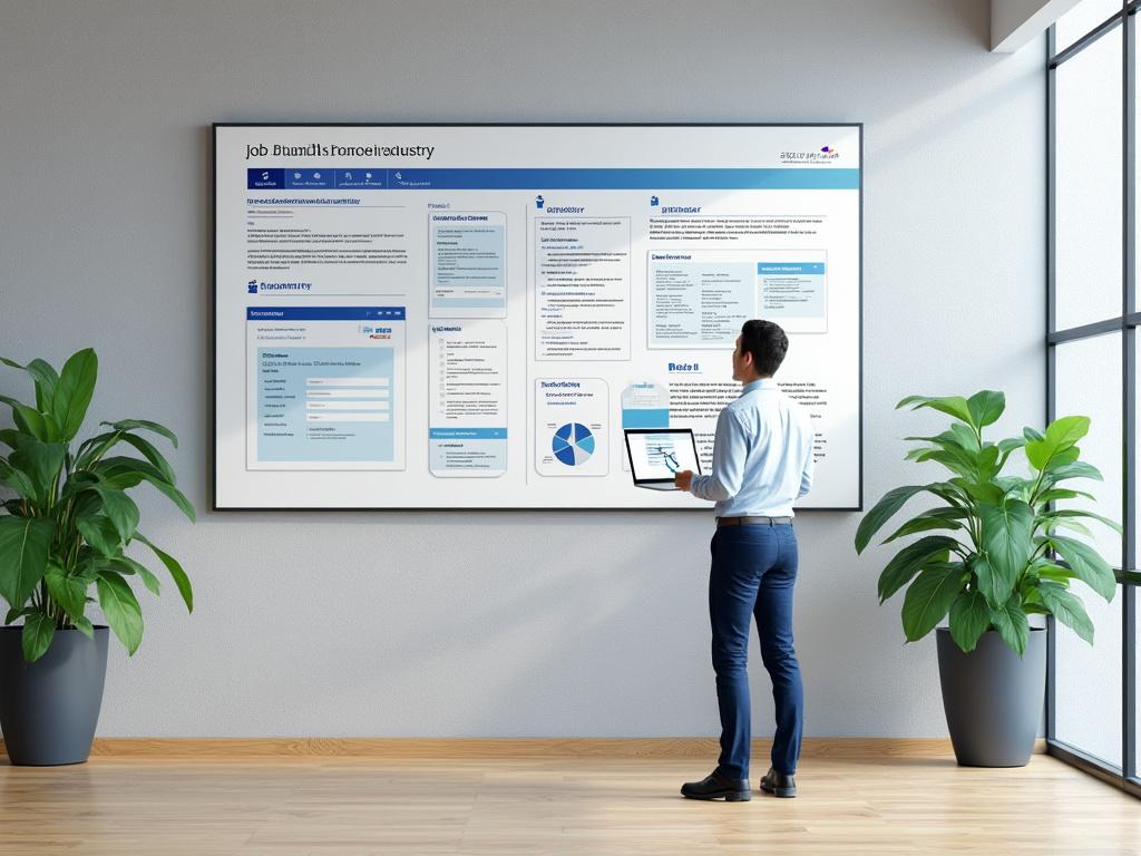 Man analyzing job board industry presentation in office with plants and large digital display.