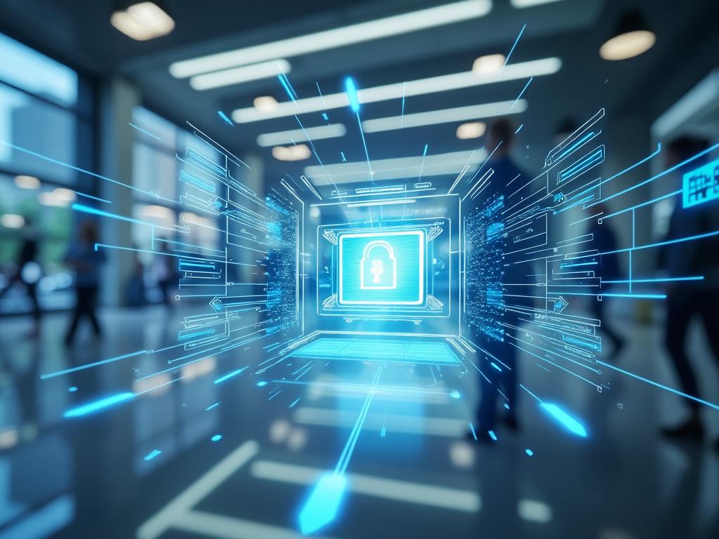 Ilustración de ciberseguridad con un candado digital azul brillante en un entorno futurista y tecnológico, simbolizando seguridad en datos y protección informática.