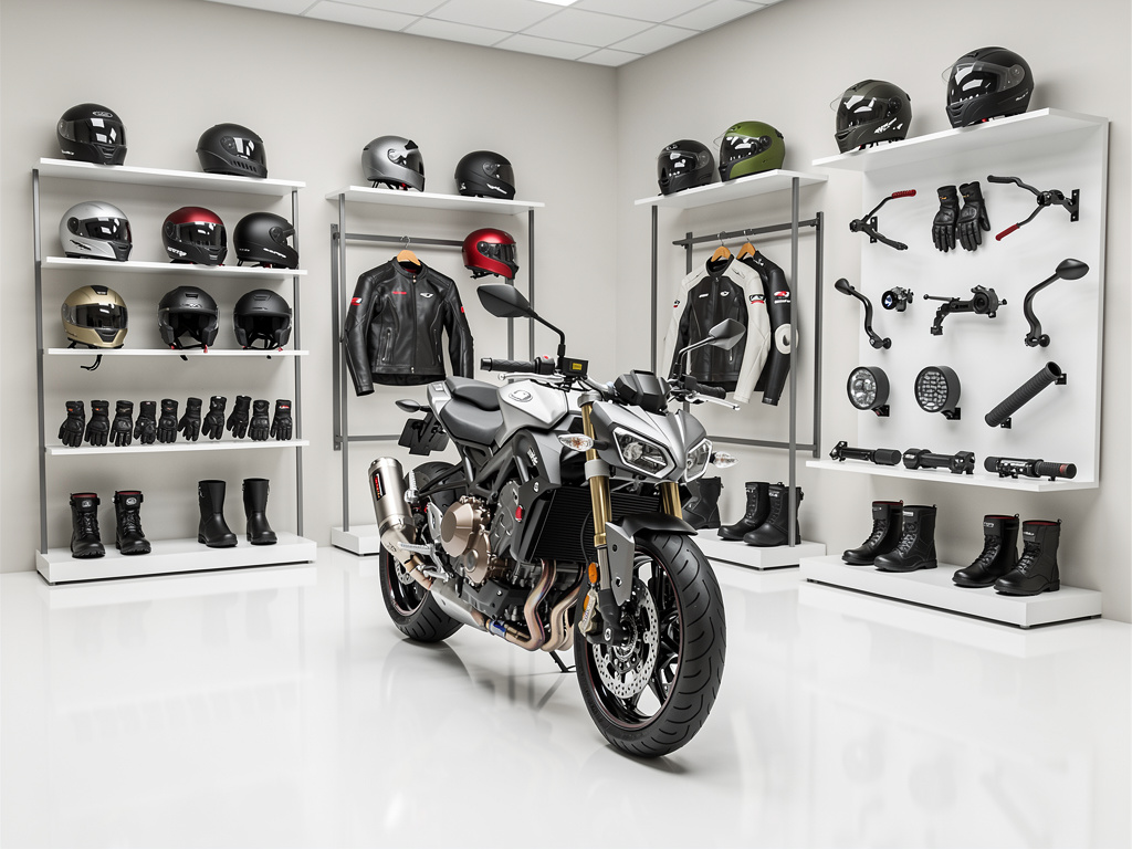 Tienda de accesorios para motocicleta con moto deportiva, cascos, chaquetas, guantes y botas en exhibición
