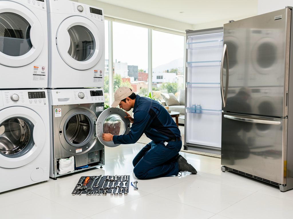 Técnico reparando lavadora con herramientas junto a secadora y refrigerador en hogar moderno Técnico reparando lavadora con herramientas junto a secadora y refrigerador en hogar moderno