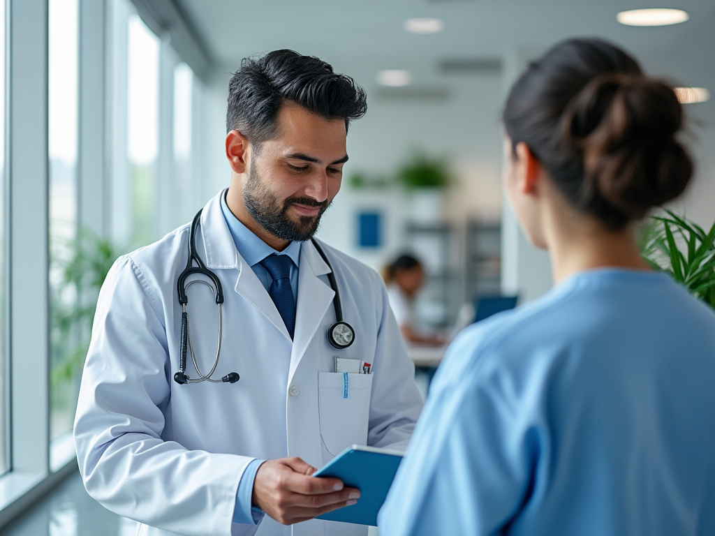 Médico en bata blanca y estetoscopio hablando con enfermera en pasillo hospitalario luminoso.