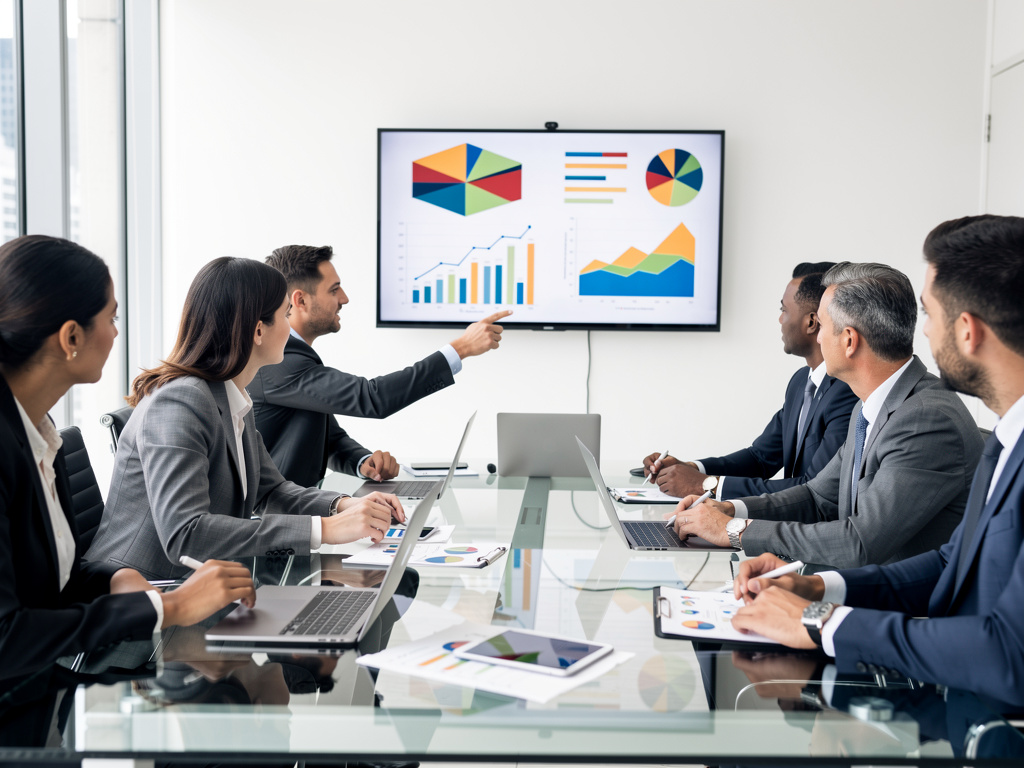 Equipo empresarial en reunión analizando gráficos y datos financieros en pantalla