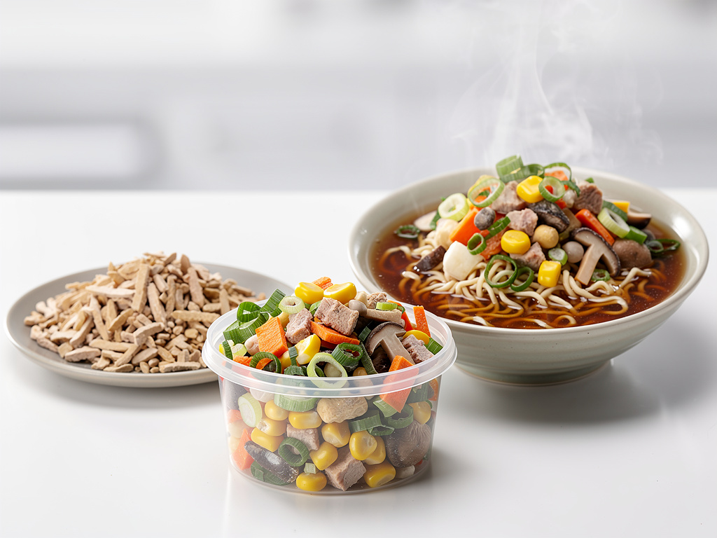 Steaming bowl of ramen with vegetables, meat, mushrooms, corn, and green onions beside fresh toppings and dried noodles