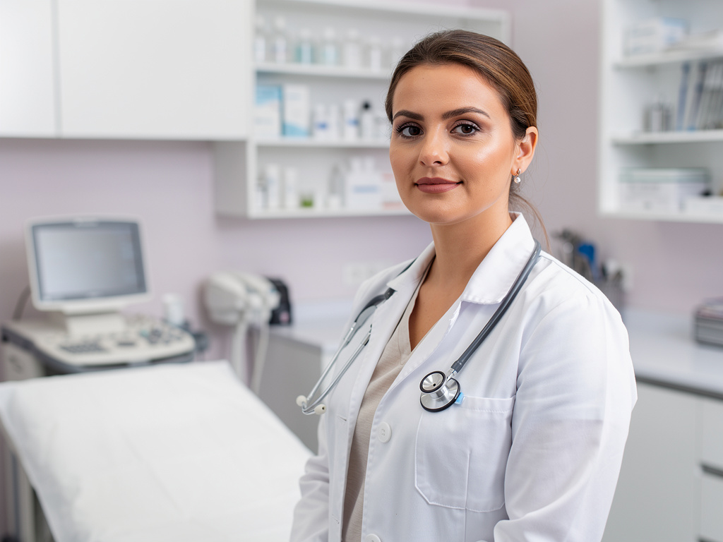 Doctora con bata blanca y estetoscopio en consultorio médico moderno