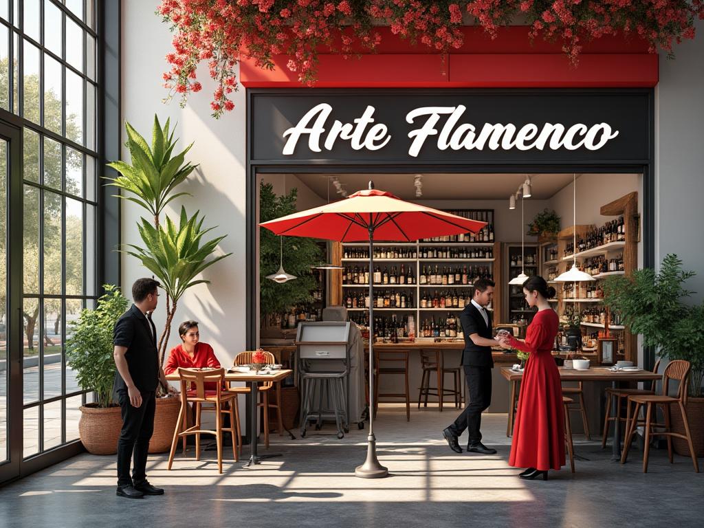 Frente de una tienda llamada 'Arte Flamenco' con clientes sentados en una terraza al aire libre, rodeados de plantas y un gran paraguas rojo.