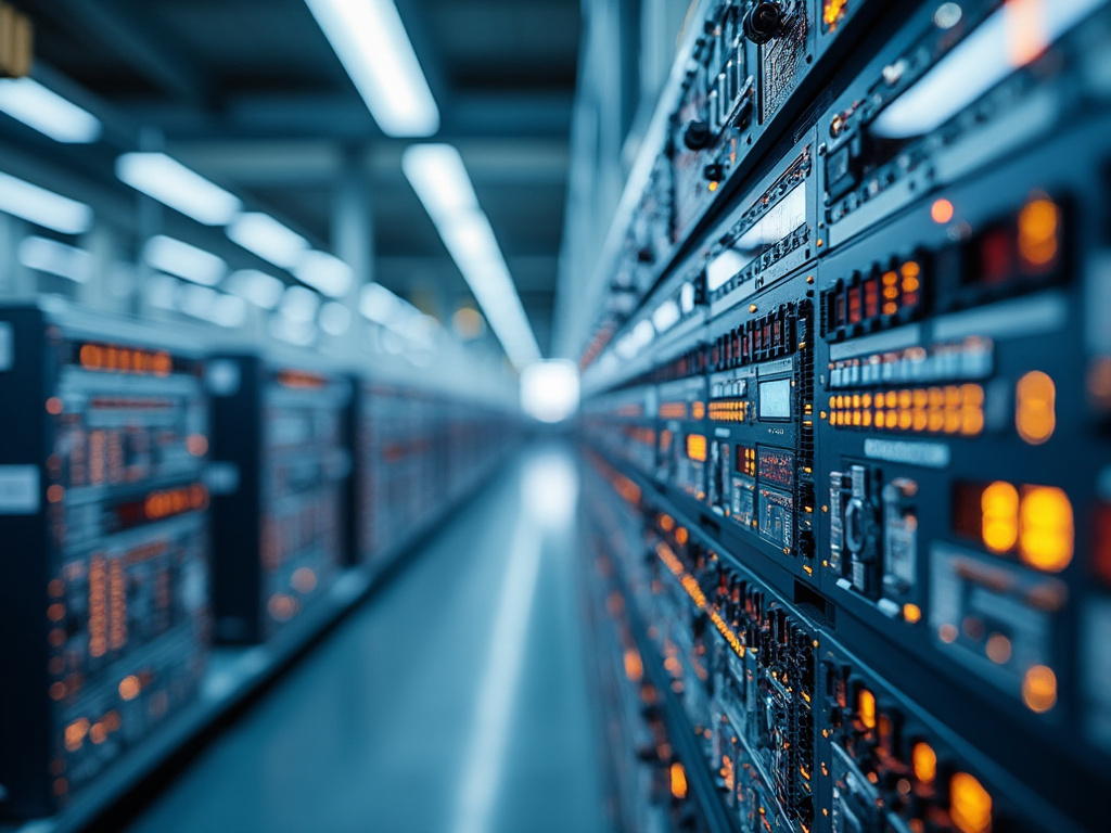 Pasillo de centro de datos con racks de servidores y paneles electrónicos iluminados