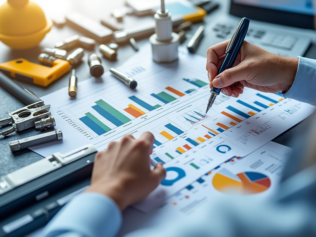 Mano analizando gráficos de negocios con herramientas y planos de fondo.