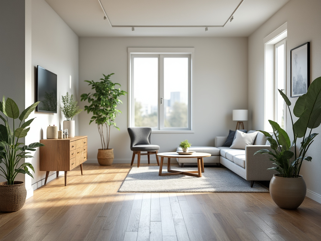 Modern living room with wooden floors, large windows, and indoor plants for a cozy, natural feel. Modern living room with wooden floors, large windows, and indoor plants for a cozy, natural feel.