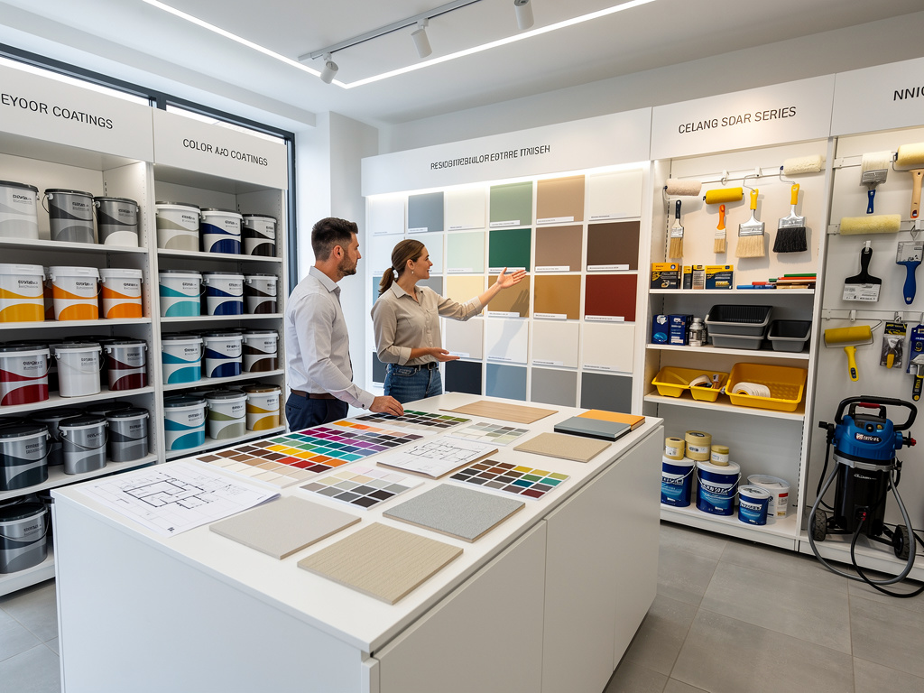 Tienda de pinturas con asesora mostrando muestras de colores, botes de pintura y herramientas de aplicación