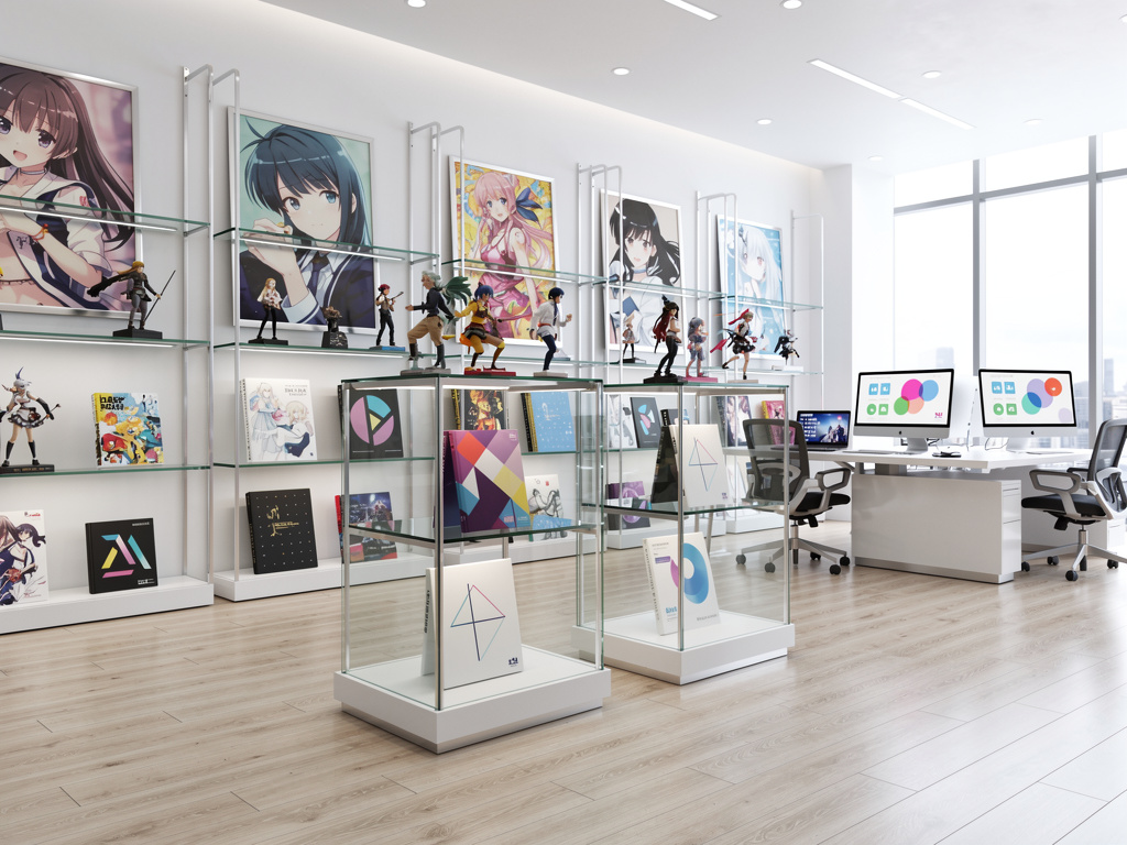 Estudio moderno de diseño con vitrinas de figuras anime, pósters ilustrados y estaciones de trabajo con ordenadores