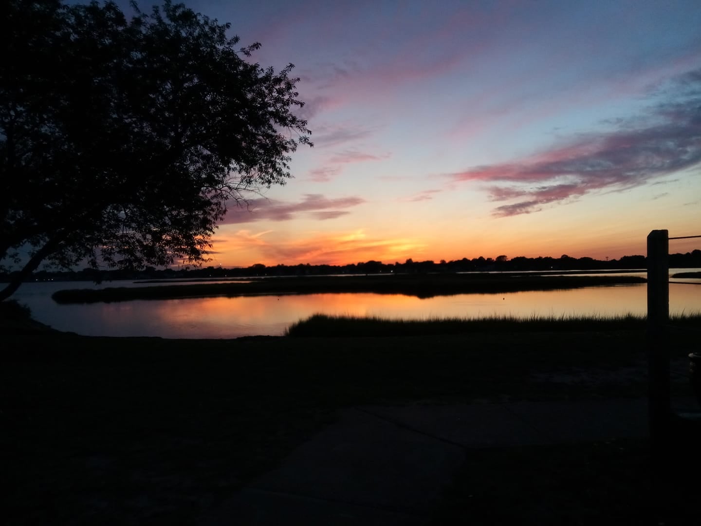 Colorful sunset over calm lake with silhouetted tree and shoreline reflections
