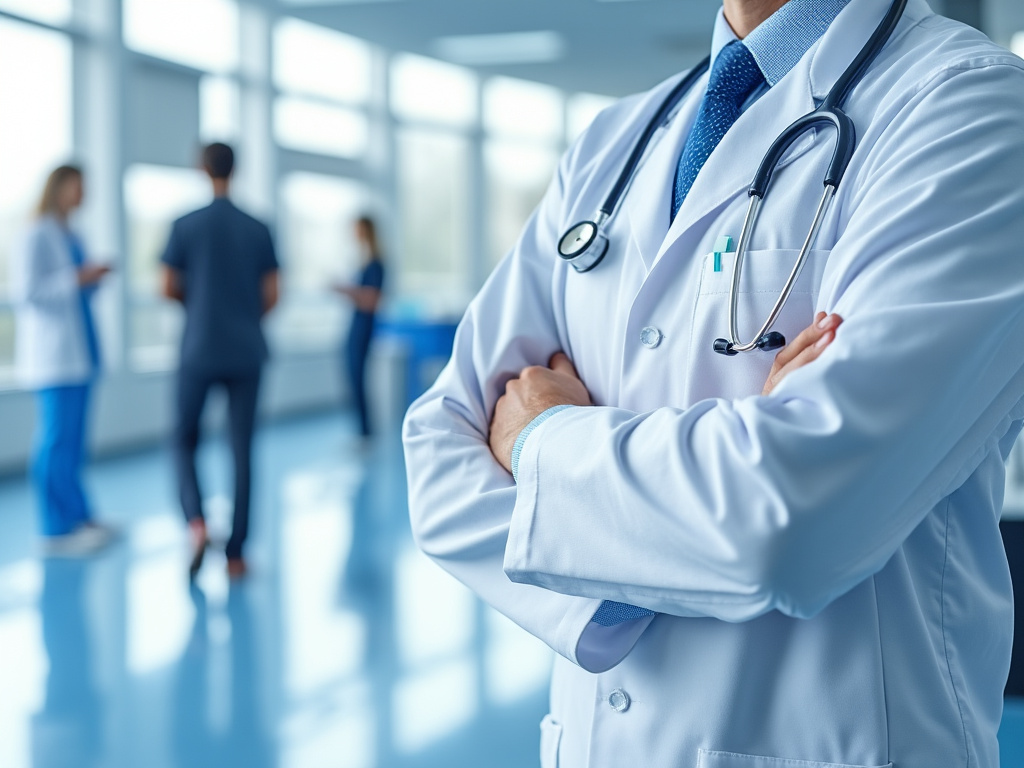 Médico con bata blanca y estetoscopio en el cuello, de pie con los brazos cruzados en un hospital moderno, con otros profesionales de la salud borrosos al fondo. Médico con bata blanca y estetoscopio en el cuello, de pie con los brazos cruzados en un hospital moderno, con otros profesionales de la salud borrosos al fondo.