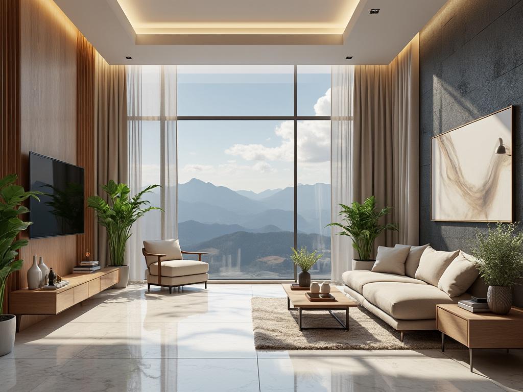 Sala de estar moderna con grandes ventanales, sofá beige, plantas decorativas y vista a la montaña.