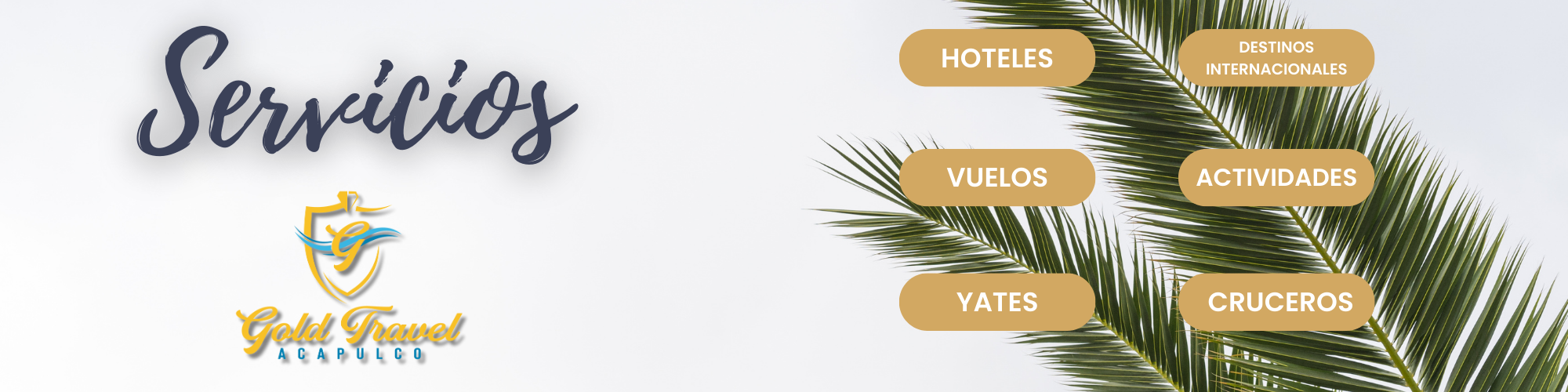 Imagen promocional de Gold Travel Acapulco mostrando servicios como hoteles, vuelos, yates, cruceros, destinos internacionales y actividades, con fondo de hojas de palmera.