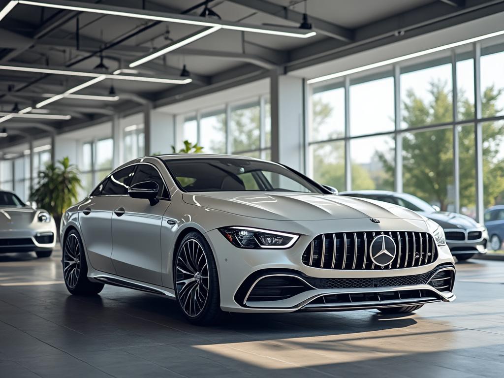Automóvil deportivo Mercedes-Benz blanco en un concesionario iluminado, rodeado de otros coches y vegetación exterior visible.