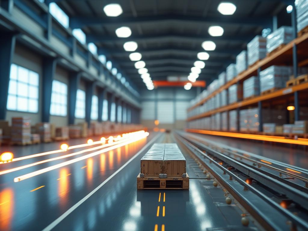 Almacén moderno con estanterías llenas, líneas de luz en movimiento y paletas en primera plana.