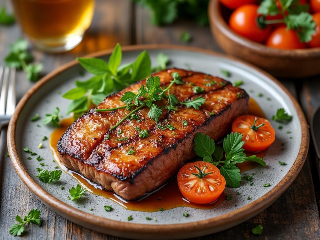 Filete jugoso sobre plato con decoración de hierbas y mitades de tomate cherry.