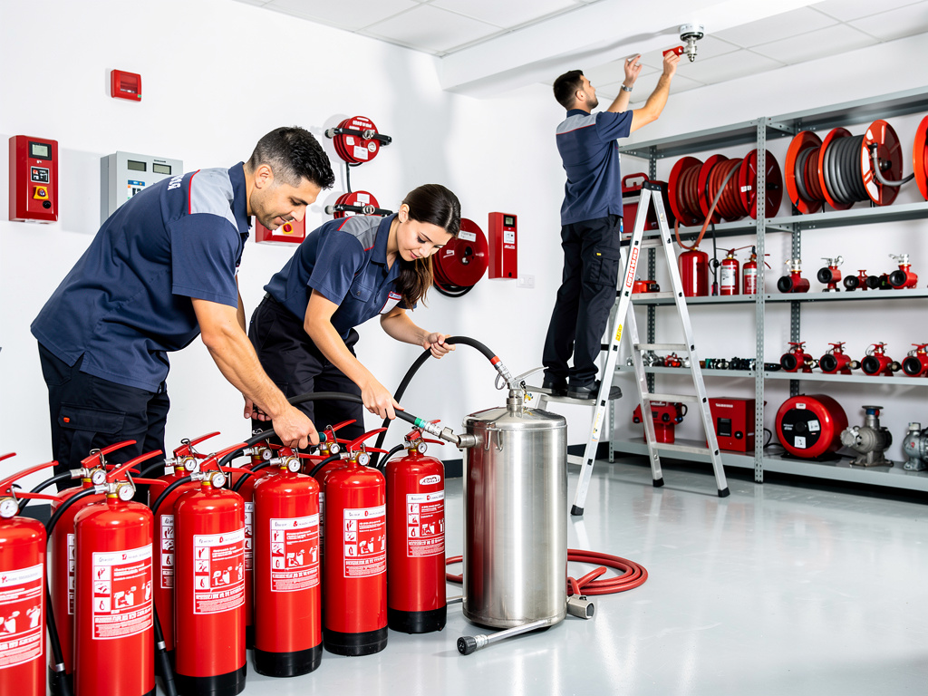 Técnicos realizando mantenimiento de extintores y sistemas contra incendios en sala de equipos