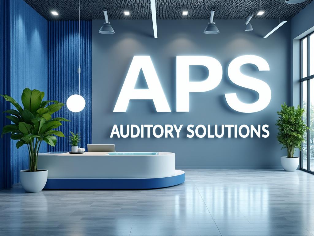 Recepción moderna de oficina con logo de APS Auditory Solutions en la pared, plantas decorativas y mobiliario contemporáneo.