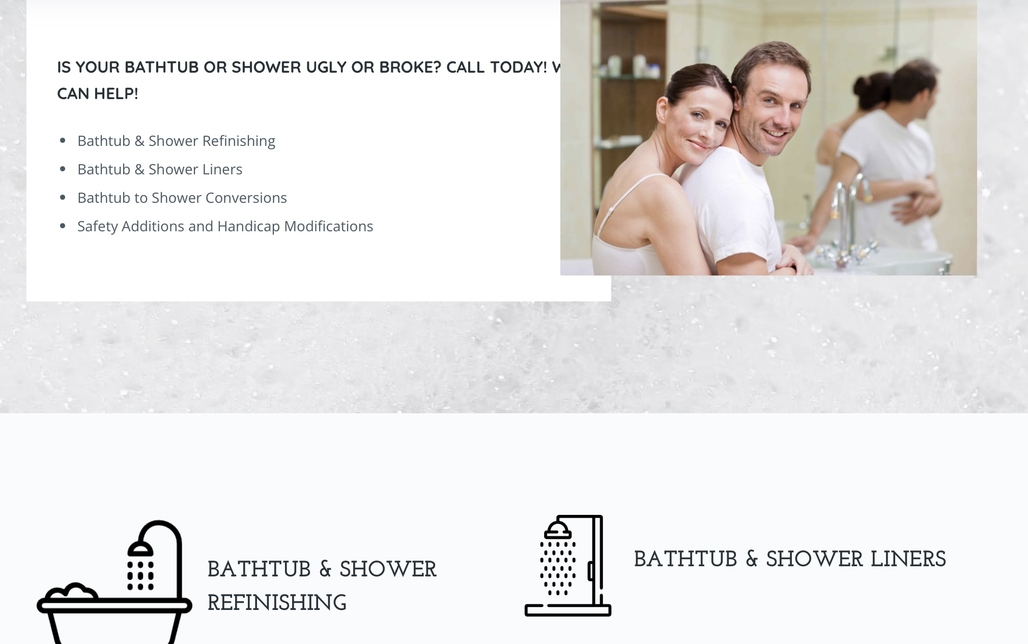 Couple in bathroom promoting bathtub and shower refinishing services with icons and service list. Couple in bathroom promoting bathtub and shower refinishing services with icons and service list.