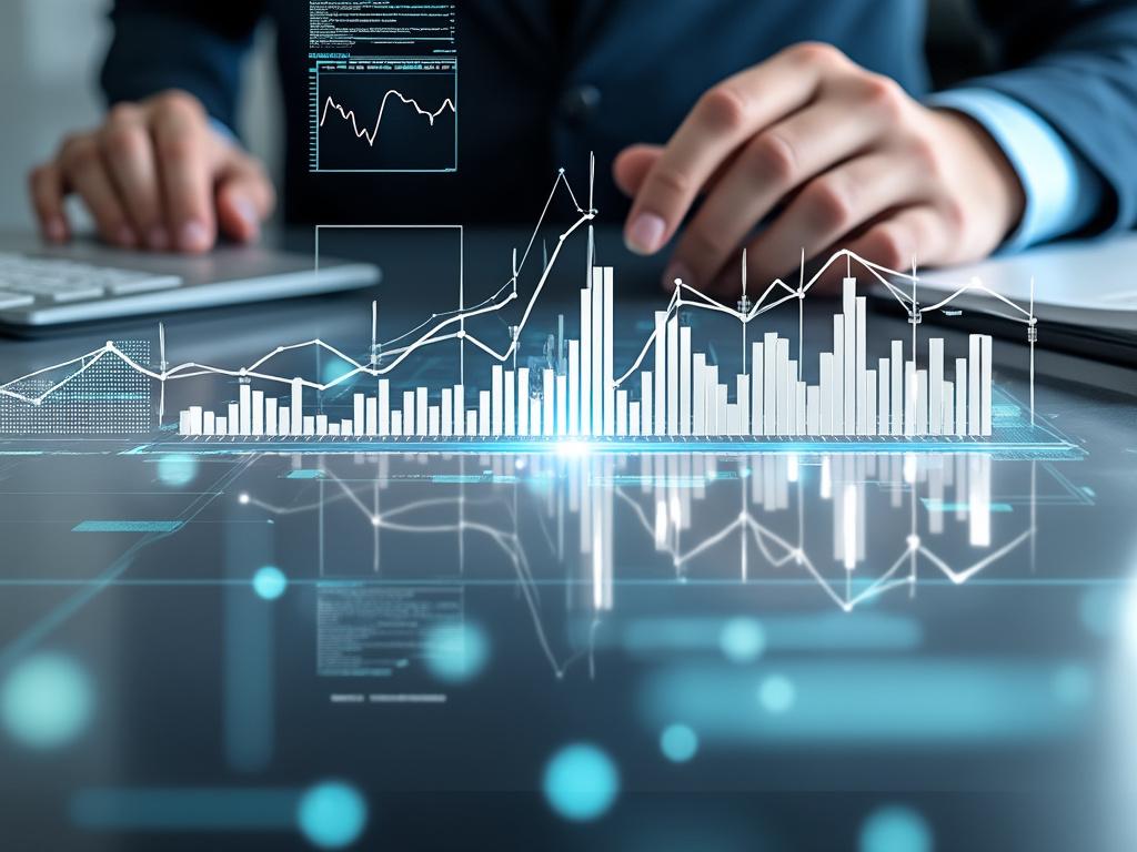 Manos con traje analizando gráficos financieros digitales en un escritorio con gráficos y datos en pantalla.