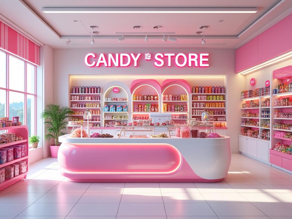 Tienda de dulces moderna con decoración rosa, mostrador central y estanterías llenas de golosinas.
