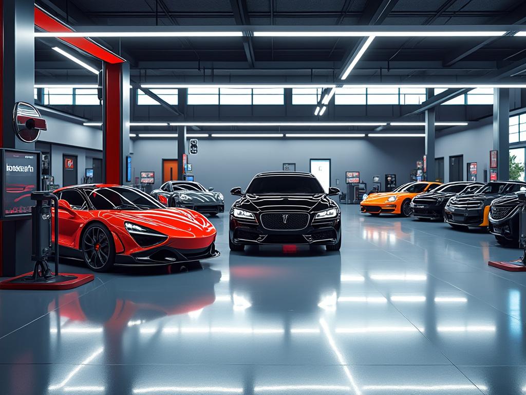 Exposición de coches de lujo en un showroom moderno con iluminación brillante, destacando un auto rojo y otro negro en el centro.