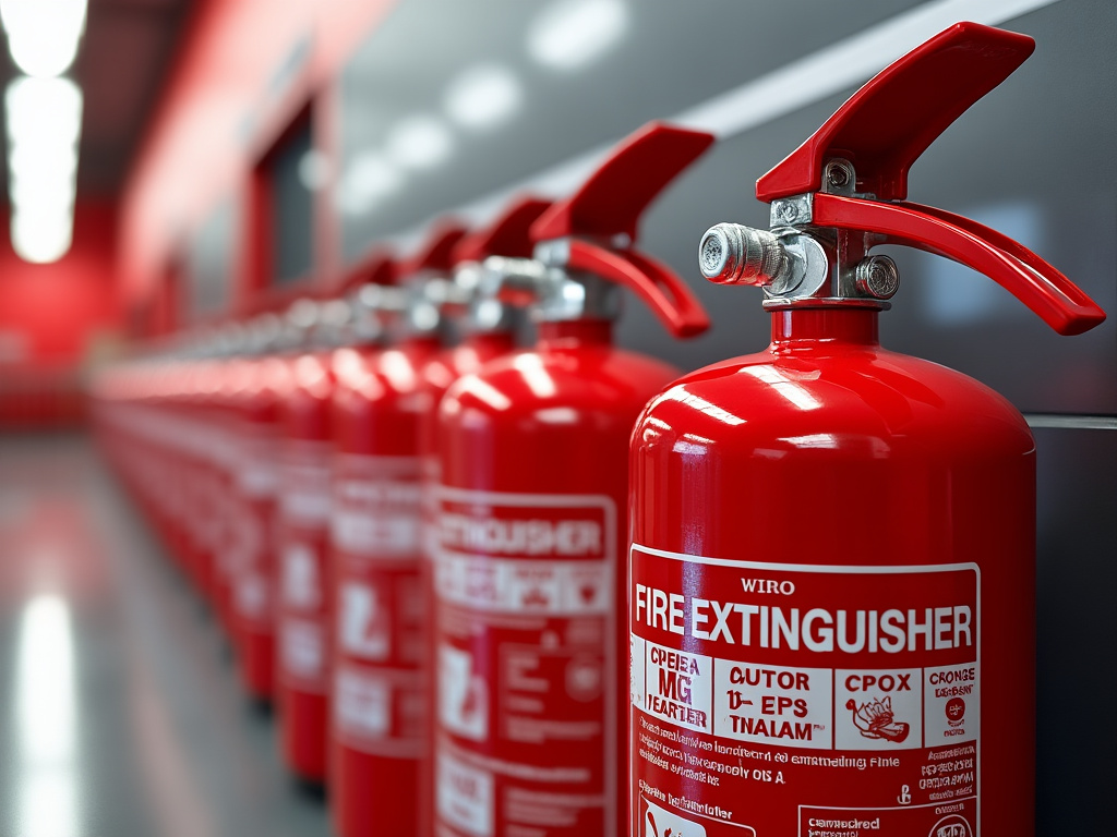 Línea de extintores rojos destacados en un pasillo, con etiquetas visibles y enfoque en el primero, en un entorno moderno de seguridad.