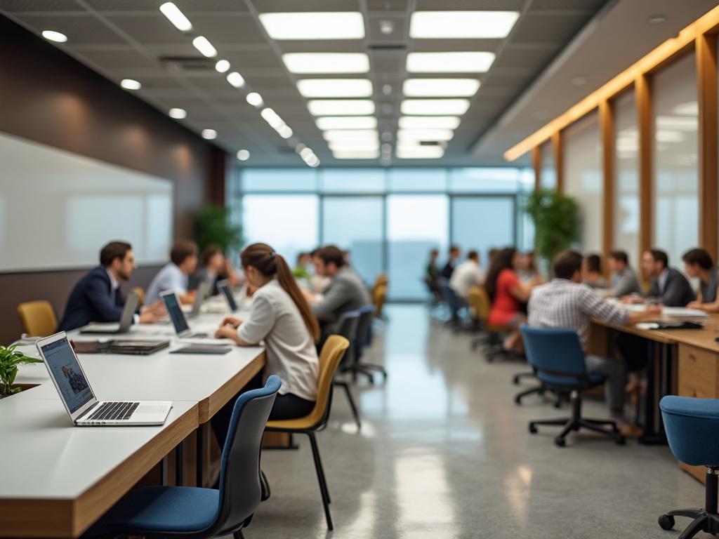 Personas trabajando en una oficina moderna con computadoras portátiles sobre las mesas, luz natural y ambiente colaborativo.