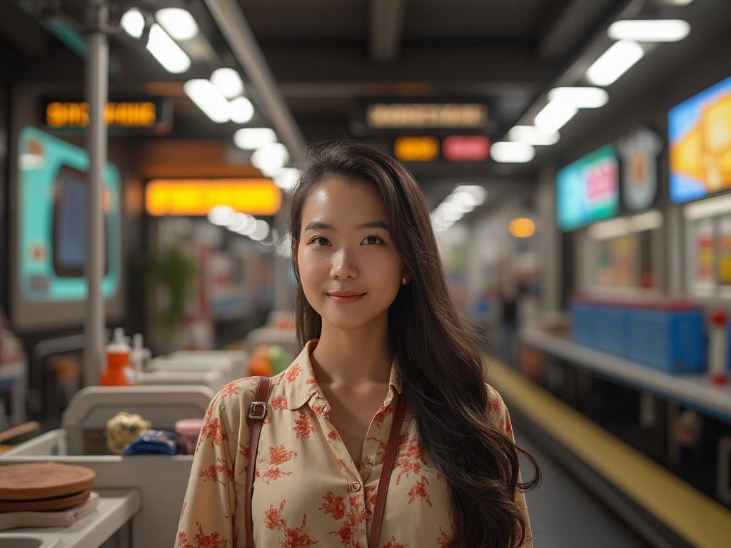 Mujer joven con blusa floral en estación moderna de tren con anuncios iluminados.