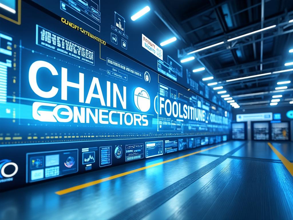 Futuristic digital interface displaying 'Chain Connectors' on a blue-lit hallway wall, featuring graphs and data panels.