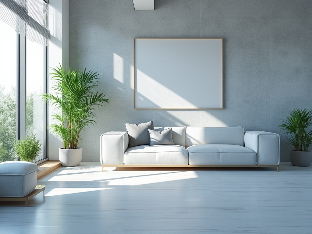 Sala moderna con sofá blanco, plantas en macetas y cuadro en pared gris. Sala moderna con sofá blanco, plantas en macetas y cuadro en pared gris.