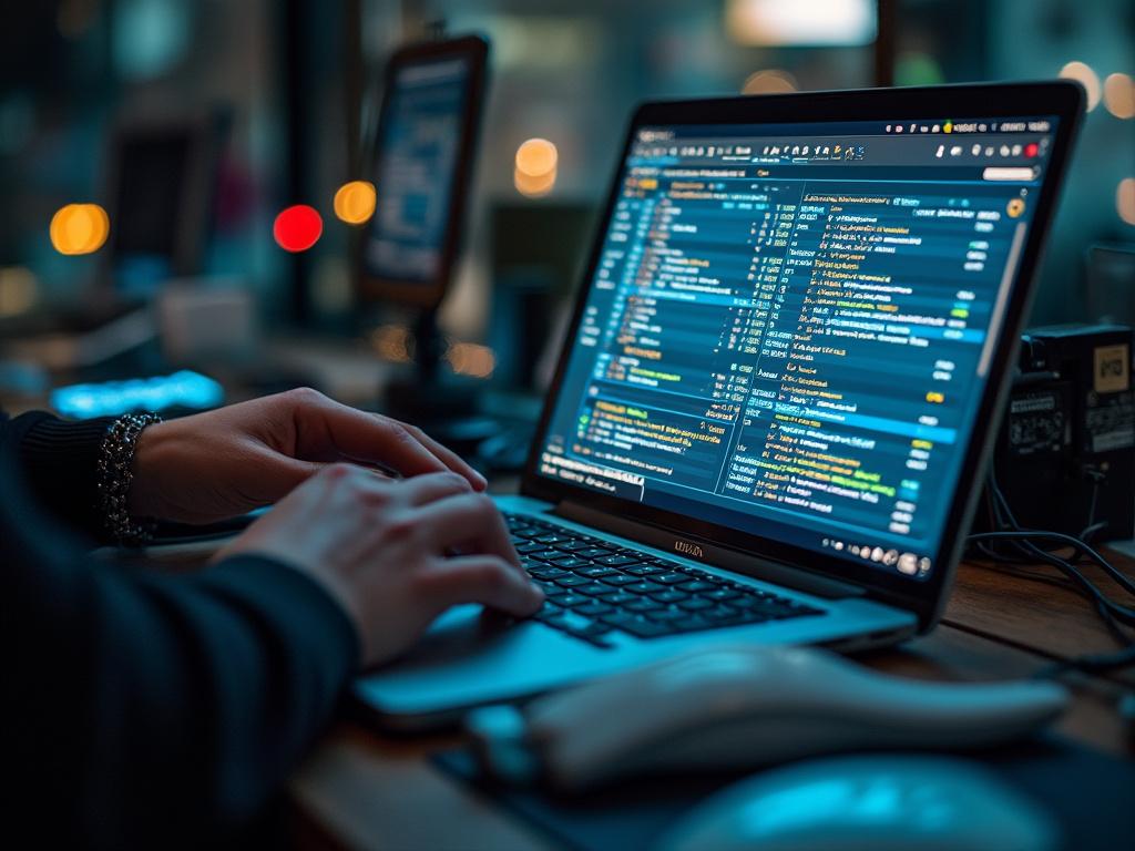 Person typing on a laptop with code and data analytics on screen, in a dimly lit office environment.