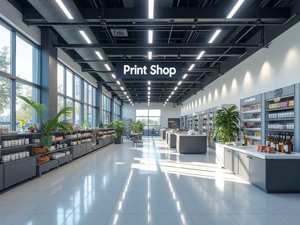 Interior moderno de tienda de impresión con letrero Print Shop, estanterías de productos, grandes ventanales y plantas decorativas