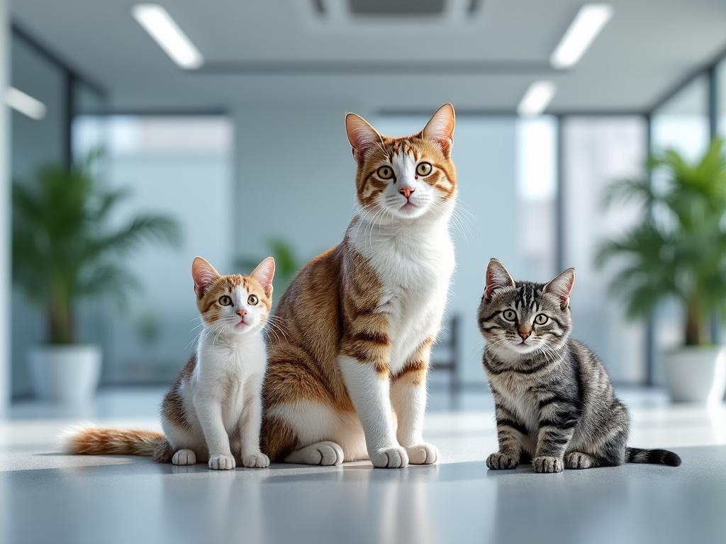 Tres gatos, dos pequeños y uno adulto, en un interior moderno con plantas y luz natural.
