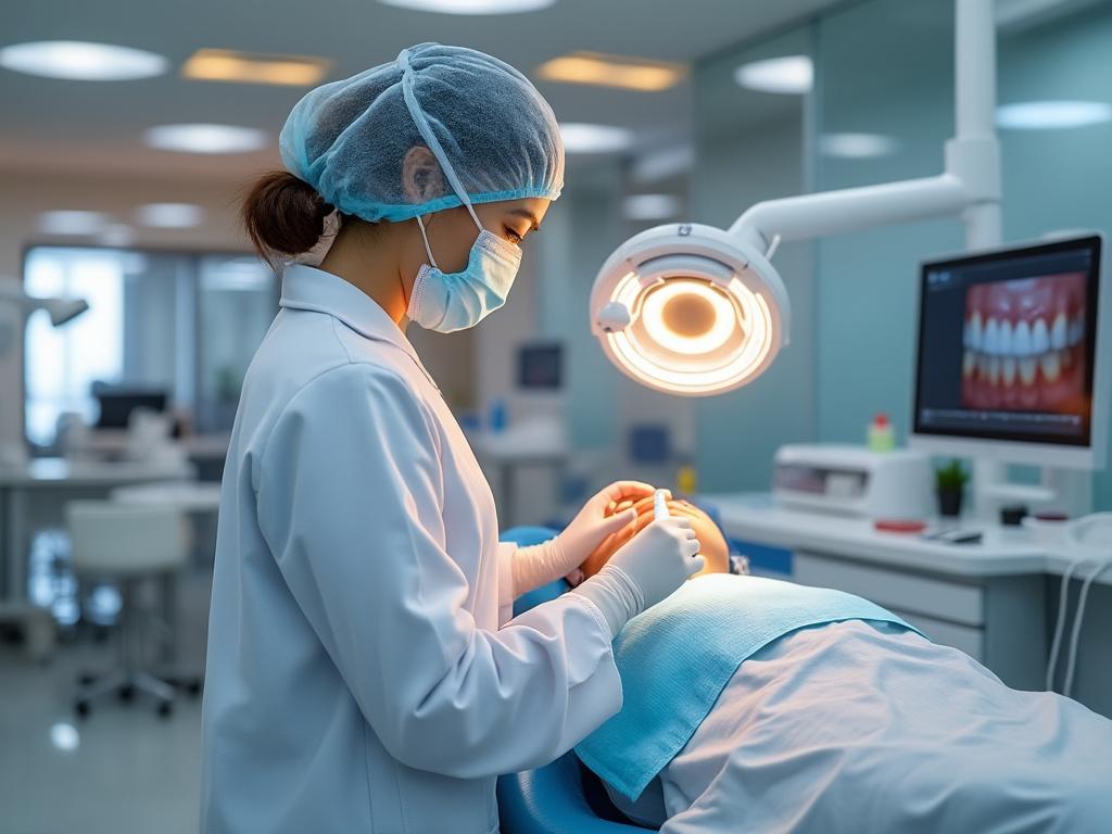 Dentista realizando un tratamiento dental en un paciente en una clínica moderna con iluminación y equipo especializado.